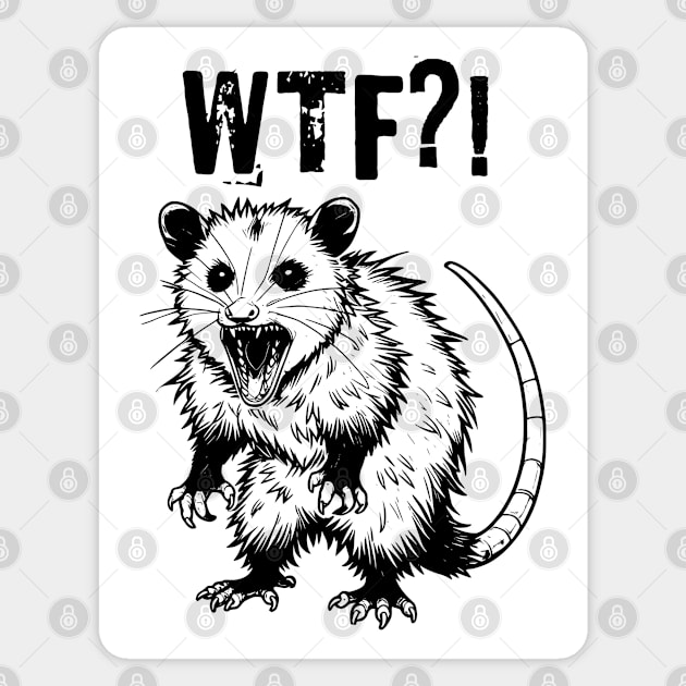 Hissing Feral Possum Screaming "WTF?!" into the void, snarky sarcastic angry opossum Sticker by Luxinda